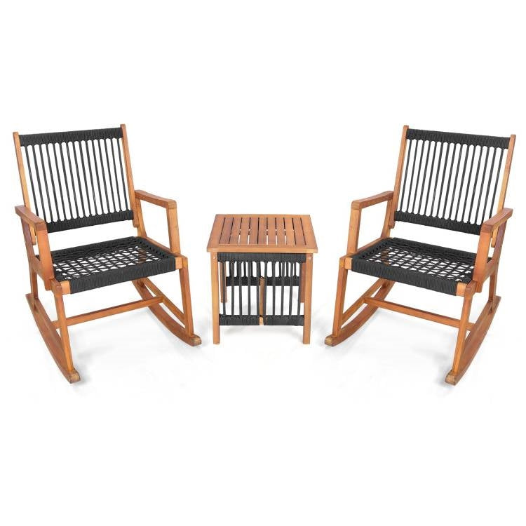 3 Piece Rocking Hand Woven Rope Acacia Wood Bistro Set