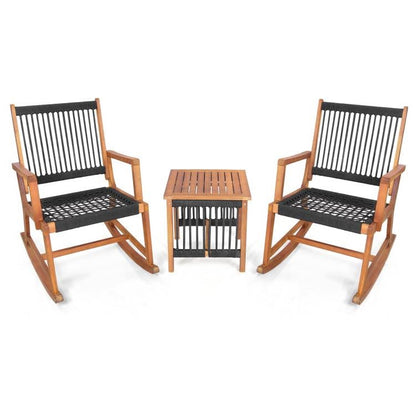 3 Piece Rocking Hand Woven Rope Acacia Wood Bistro Set