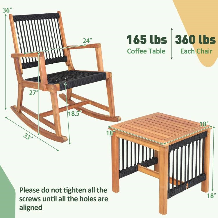 3 Piece Rocking Hand Woven Rope Acacia Wood Bistro Set