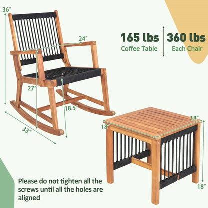 3 Piece Rocking Hand Woven Rope Acacia Wood Bistro Set