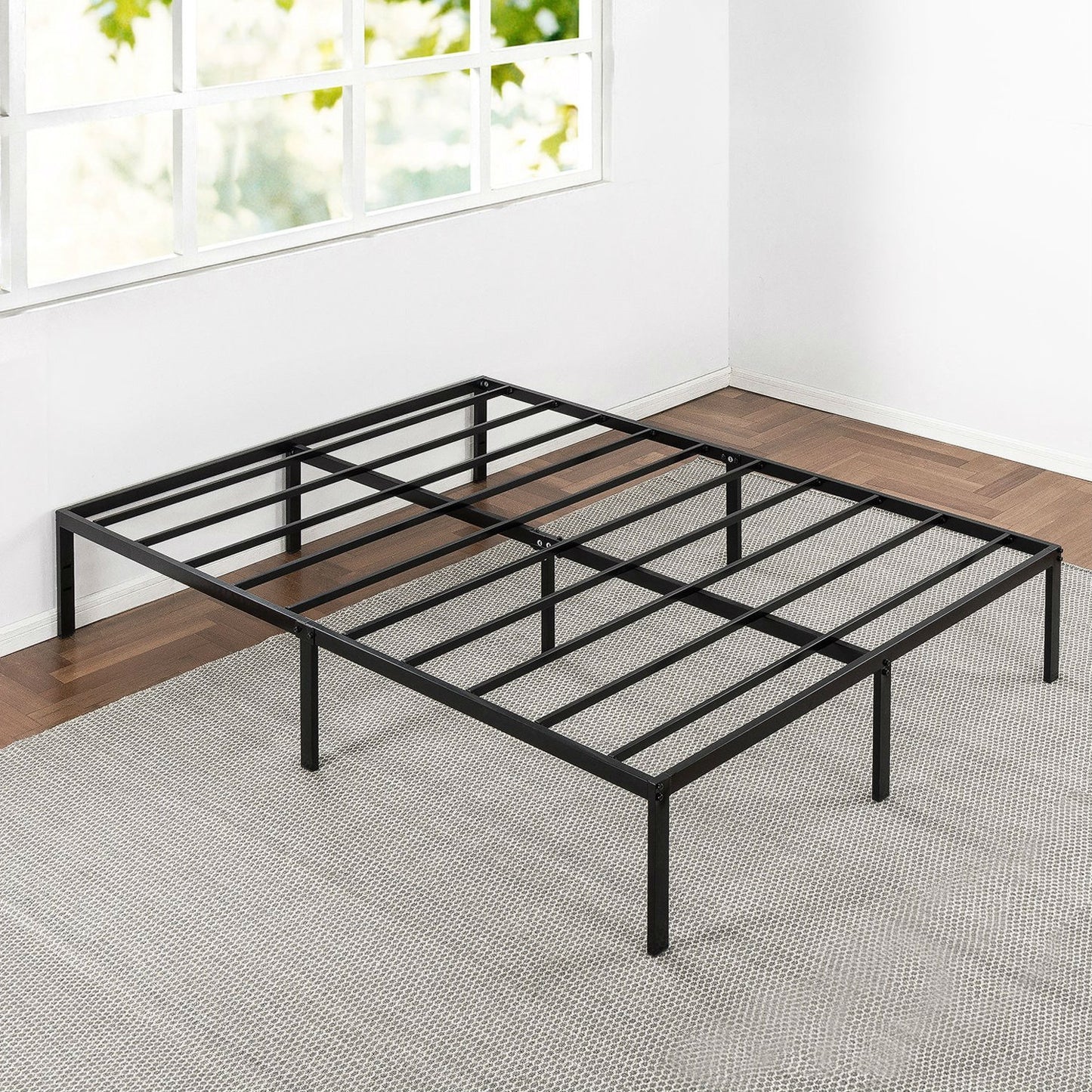 Queen size Sturdy Black Metal Platform Bed Frame with Headboard Attachment Slots