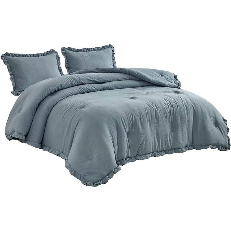 Full Size Blue Stone Washed Ruffled Edge Microfiber Comforter Set