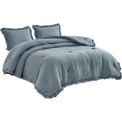 Full Size Blue Stone Washed Ruffled Edge Microfiber Comforter Set
