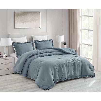 Full Size Blue Stone Washed Ruffled Edge Microfiber Comforter Set