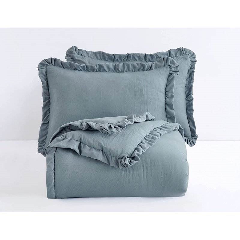 Full Size Blue Stone Washed Ruffled Edge Microfiber Comforter Set