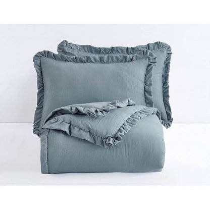 Full Size Blue Stone Washed Ruffled Edge Microfiber Comforter Set