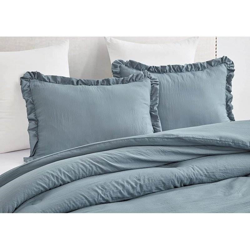 Full Size Blue Stone Washed Ruffled Edge Microfiber Comforter Set