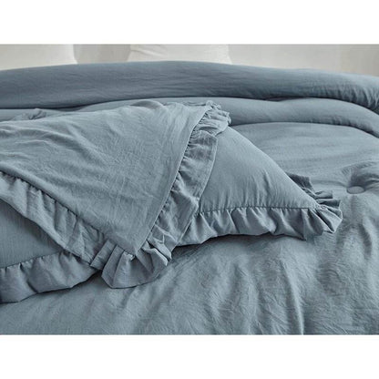 Full Size Blue Stone Washed Ruffled Edge Microfiber Comforter Set