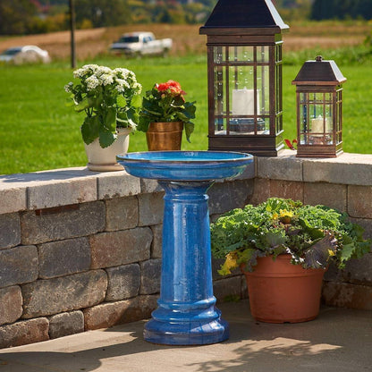 2 Gallon Ceramic Blue Traditional Birdbath