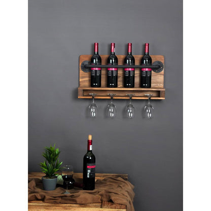 4 Bottle/Glass Rustic FarmHome Wall Mounted Wine Rack
