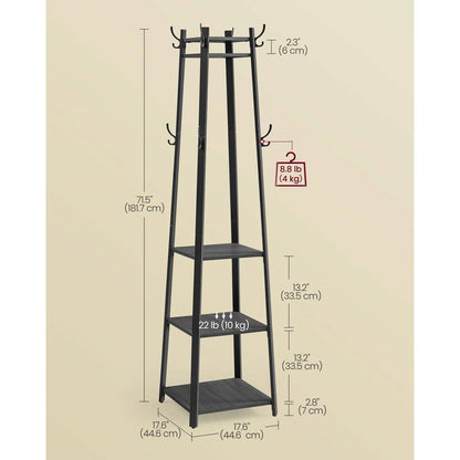 Modern Farmhouse Black Metal Coat Rack Entryway Hall Tree with Grey Wood Shelves
