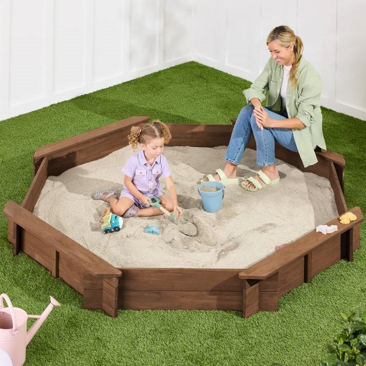 Walnut Wooden Kid's Octagonal Sandbox w/ Sand Cover 4 Reinforced Benches, 8 Seats