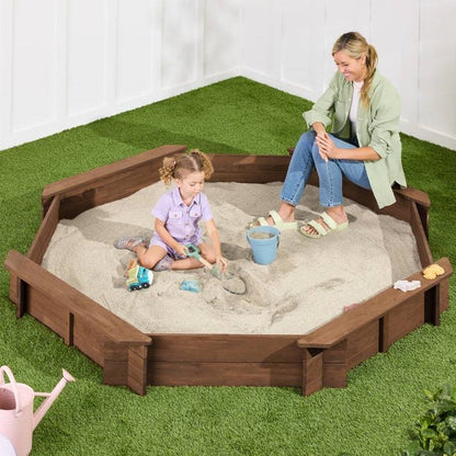Walnut Wooden Kid's Octagonal Sandbox w/ Sand Cover 4 Reinforced Benches, 8 Seats