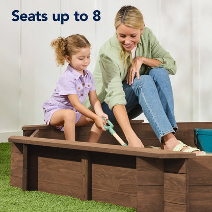 Walnut Wooden Kid's Octagonal Sandbox w/ Sand Cover 4 Reinforced Benches, 8 Seats