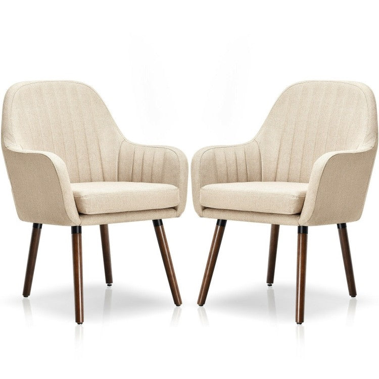 Set of 2 Retro Linen Accent Chair w/ Espresso Rubber Wood Frame - Off White