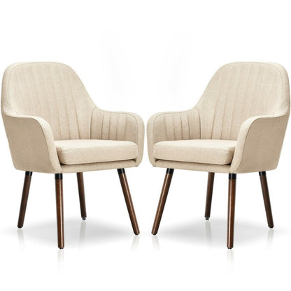 Set of 2 Retro Linen Accent Chair w/ Espresso Rubber Wood Frame - Off White