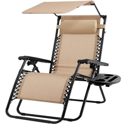 Beige Zero Gravity Folding Reclining Patio Lounge Chair w/ Canopy Sun Shade