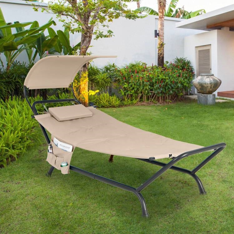 Cream Covered Polyester Chaise Canopy Hammock Stand Lounge Chair, Pillow, Storage Bag