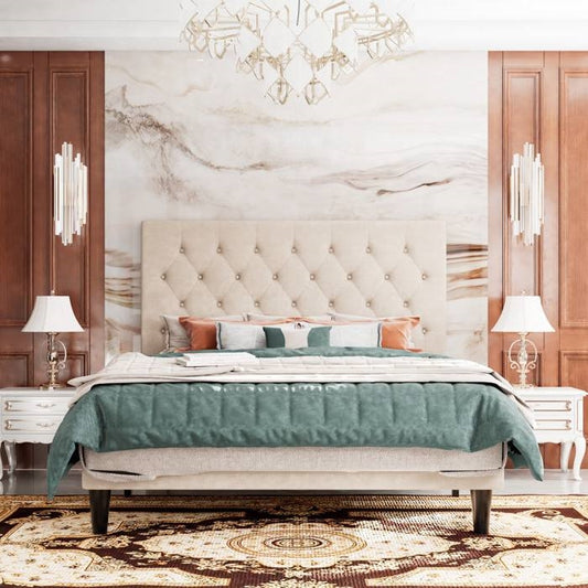 King Size Adjustable Height Beige Linen Tufted Low Profile Platform Bed