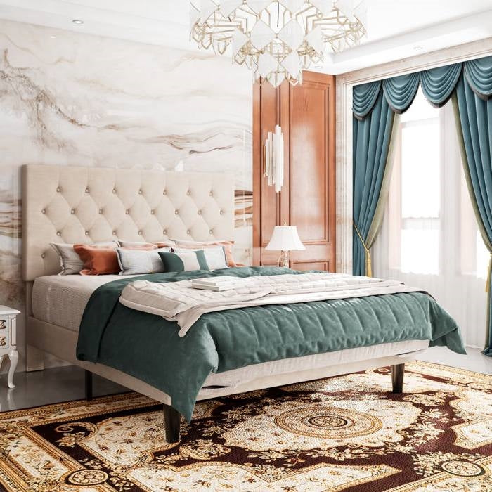 King Size Adjustable Height Beige Linen Tufted Low Profile Platform Bed