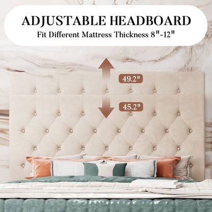 King Size Adjustable Height Beige Linen Tufted Low Profile Platform Bed