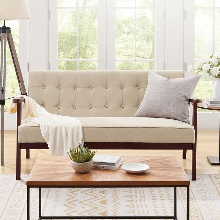 Modern Wooden Loveseat Sofa w/ Armrests Button Tufted Beige
