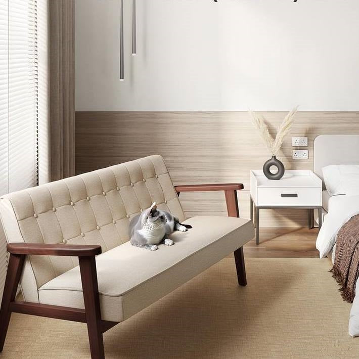 Modern Wooden Loveseat Sofa w/ Armrests Button Tufted Beige