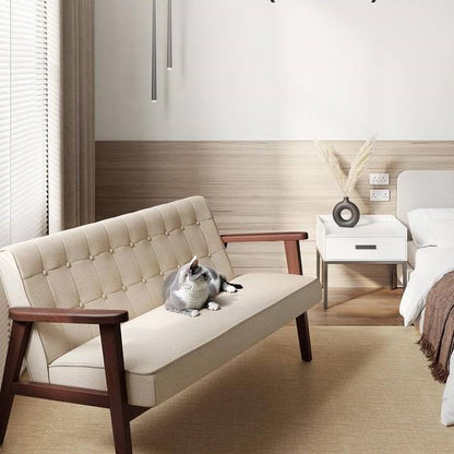 Modern Wooden Loveseat Sofa w/ Armrests Button Tufted Beige