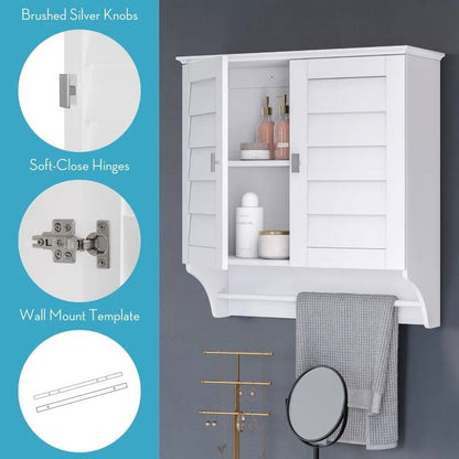 Wall Mounted Bathroom Medicine Cabinet with Louver Doors and Towel Bar in White