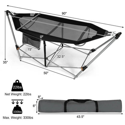 Black Portable Camping Foldable Hammock with Stand Carry Case