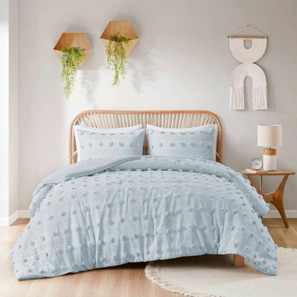 King/Cal King 3 Piece Jacquard Pompom Microfiber Hypoallergenic Comforter Set, Blue