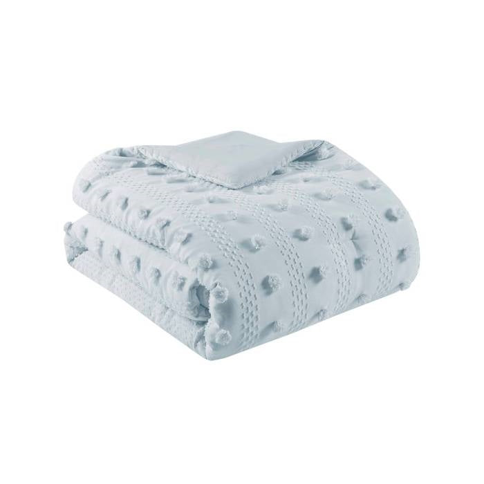King/Cal King 3 Piece Jacquard Pompom Microfiber Hypoallergenic Comforter Set, Blue