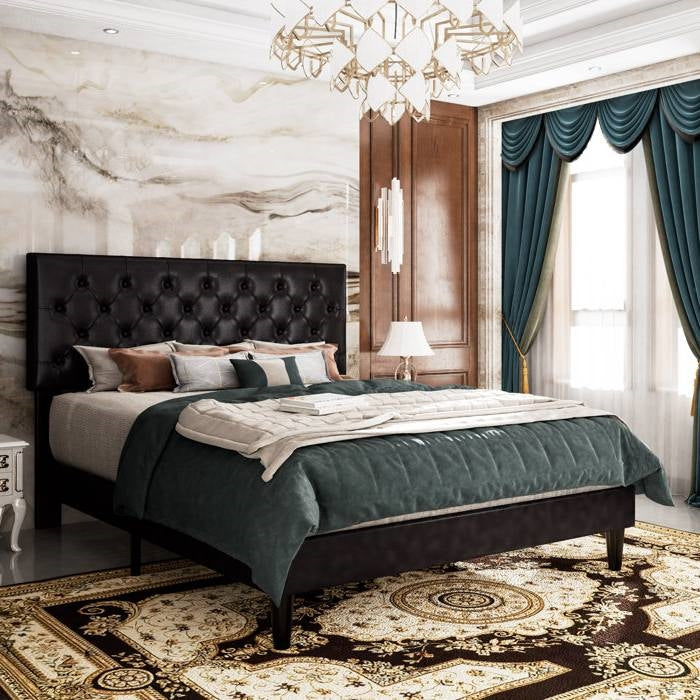 Full Size Adjustable Height Black Faux Leather Tufted Low Profile Platform Bed