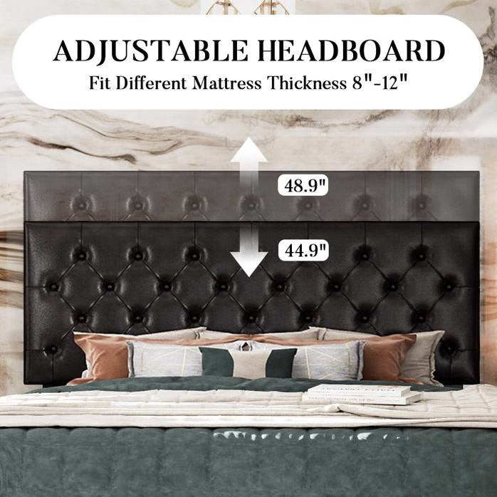 Full Size Adjustable Height Black Faux Leather Tufted Low Profile Platform Bed