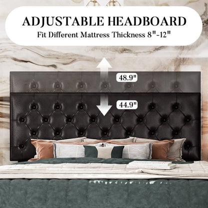 Full Size Adjustable Height Black Faux Leather Tufted Low Profile Platform Bed