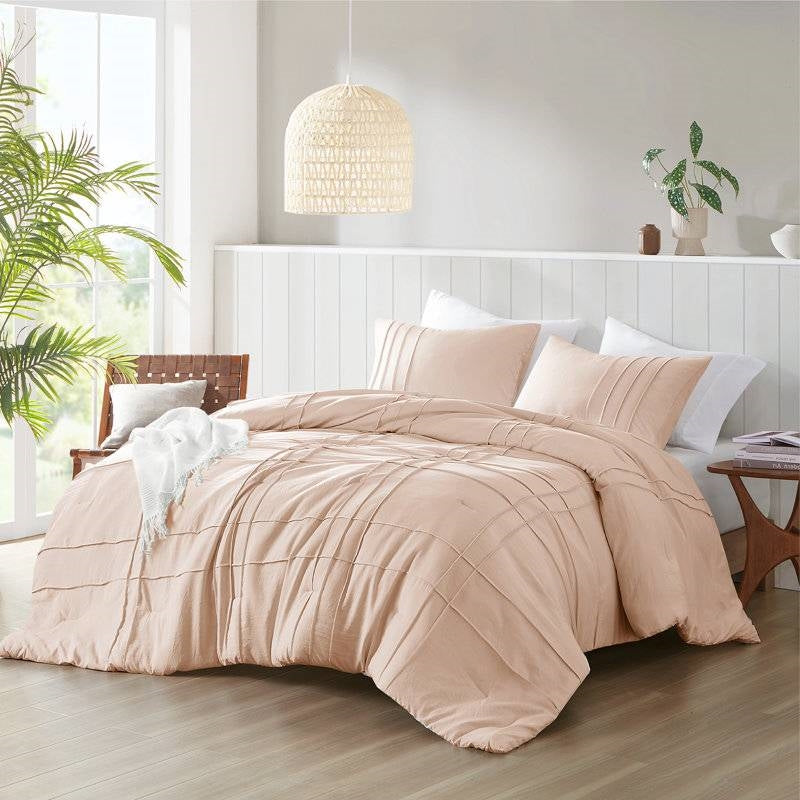 Queen Microfiber Pleated Soft Washed Comforter Set Pink