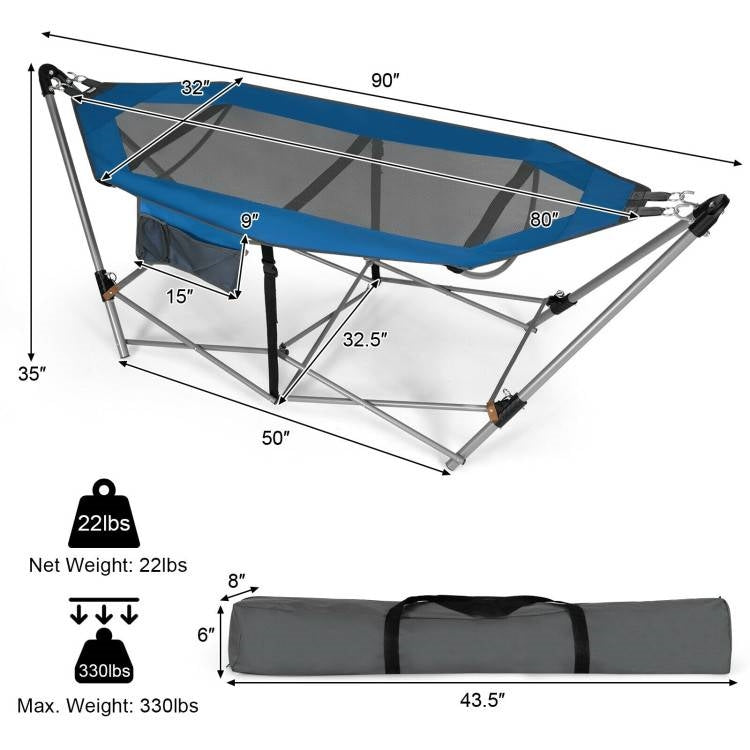 Blue Portable Camping Foldable Hammock with Stand Carry Case