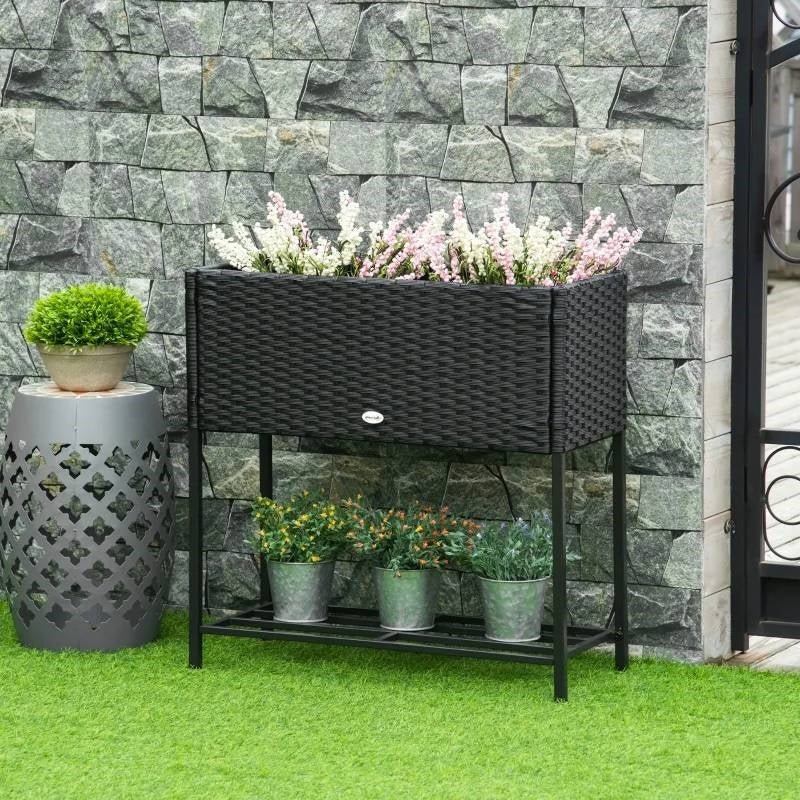 Black Elevated Modern Rattan Wicker Raised Garden Planter Box