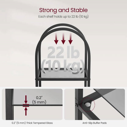 Arched Top Black Metal Display Rack Narrow Bookcase with 5 Glass Storage Shelves