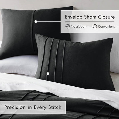 Full/Queen Microfiber Pleated Soft Washed Comforter Set Black