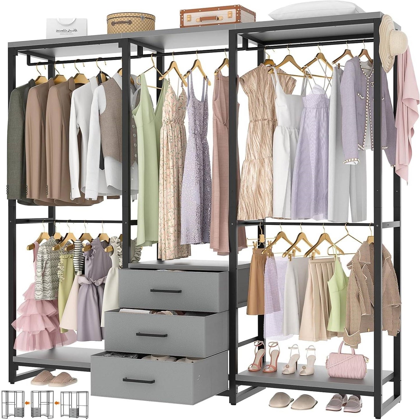 Heavy Duty Black/Grey Metal Freestanding Garment Rack with 3 Fabric Drawers