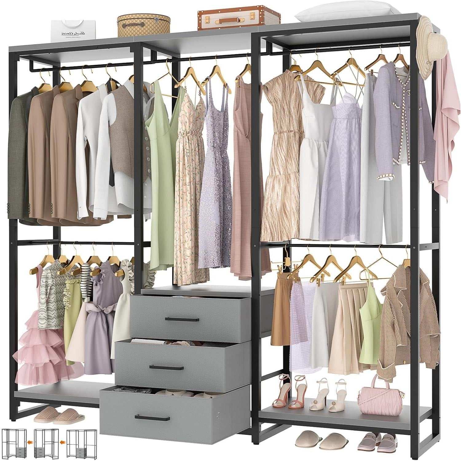 Heavy Duty Black/Grey Metal Freestanding Garment Rack with 3 Fabric Drawers