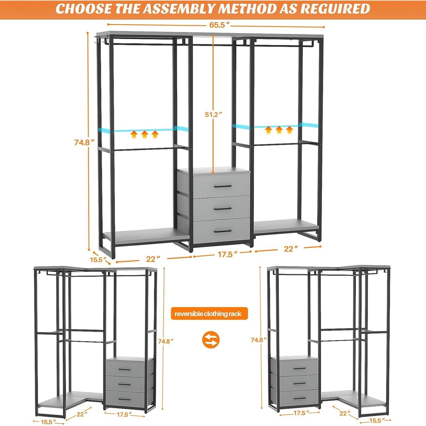 Heavy Duty Black/Grey Metal Freestanding Garment Rack with 3 Fabric Drawers