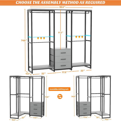 Heavy Duty Black/Grey Metal Freestanding Garment Rack with 3 Fabric Drawers