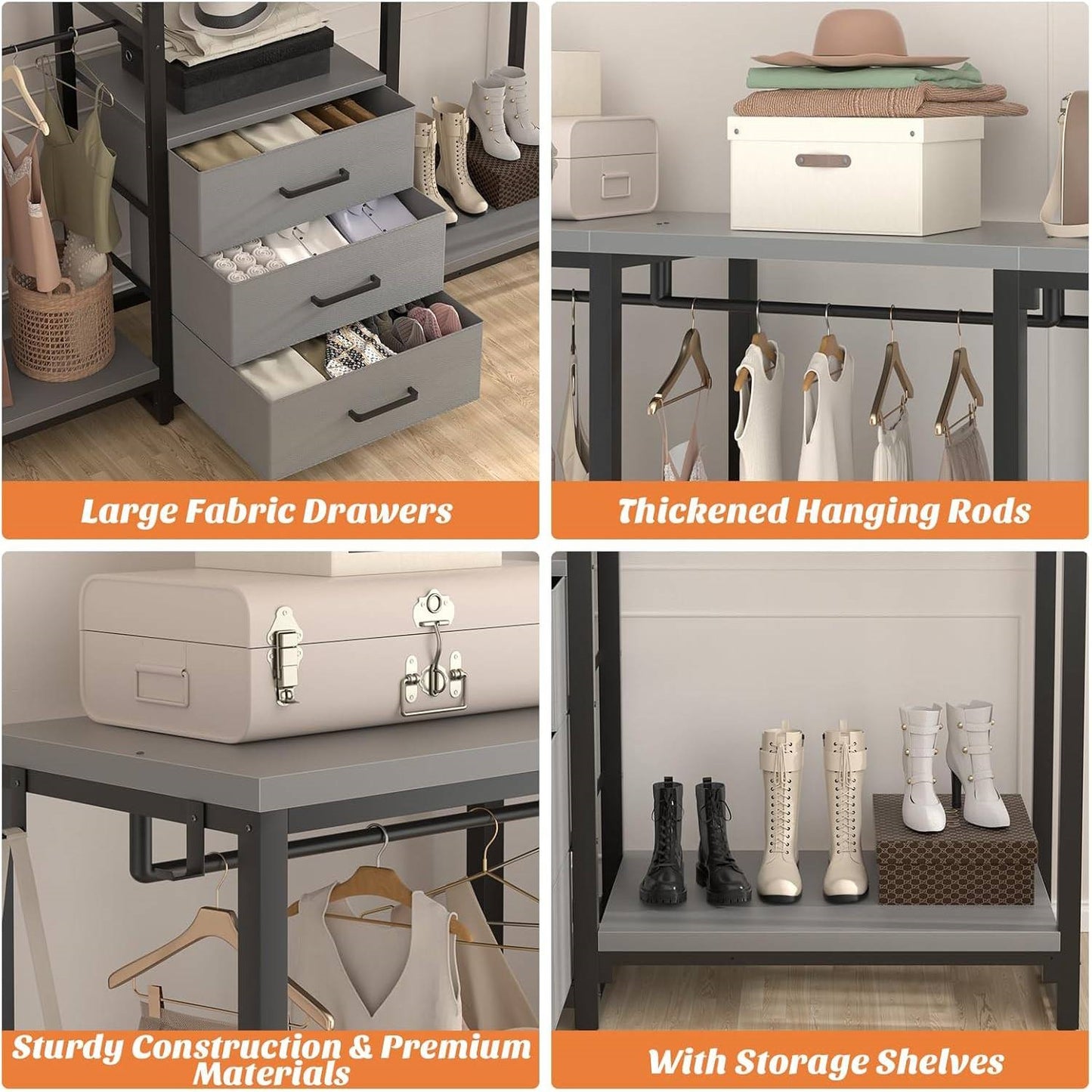 Heavy Duty Black/Grey Metal Freestanding Garment Rack with 3 Fabric Drawers