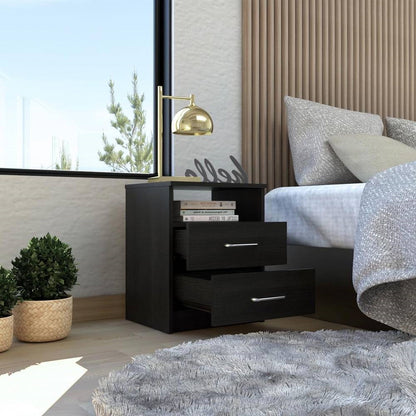 Modern 2-Drawer Nightstand End Table with Open Shelf in Black Wood Finish