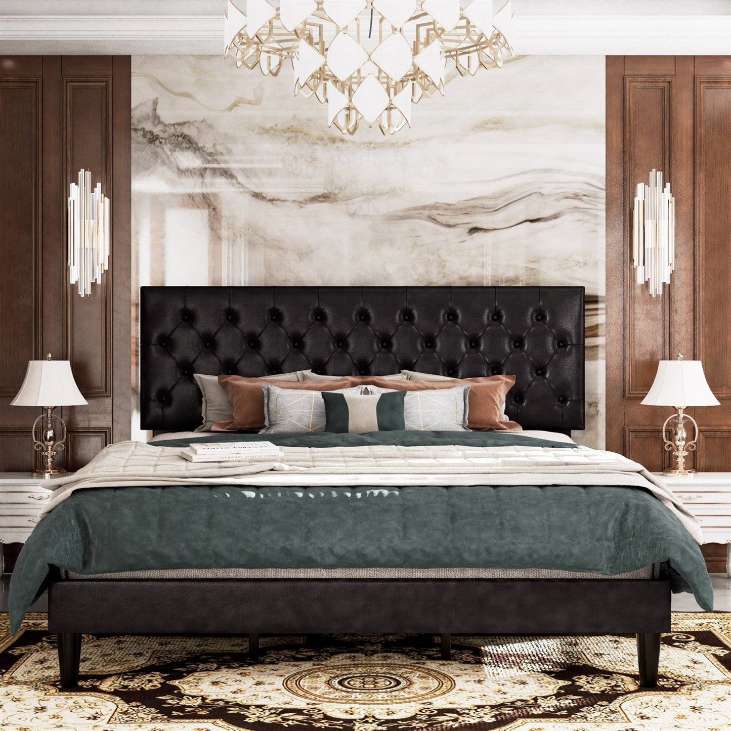 King Size Adjustable Height Black Faux Leather Tufted Low Profile Platform Bed