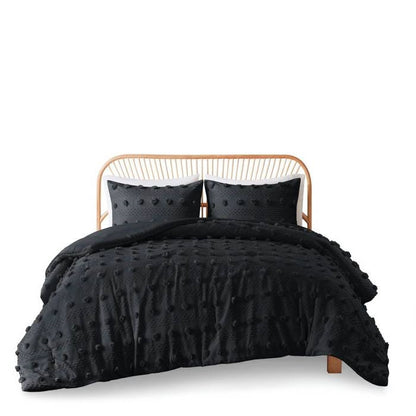 King/Cal King 3 Piece Jacquard Pompom Microfiber Hypoallergenic Comforter Set, Black
