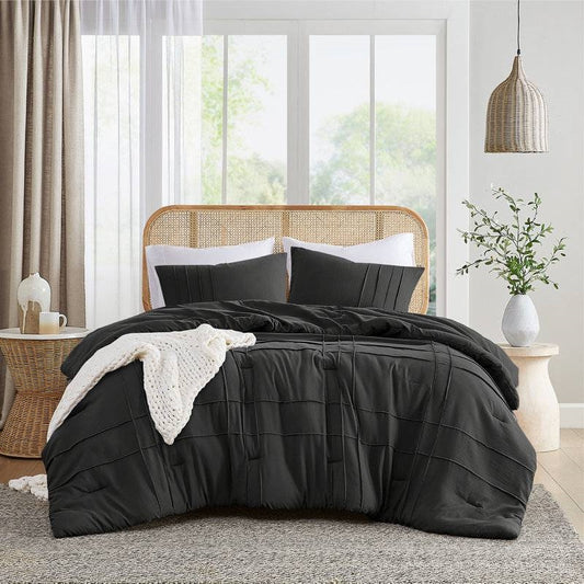 King Size Microfiber Pleated Soft Washed Comforter Set Black