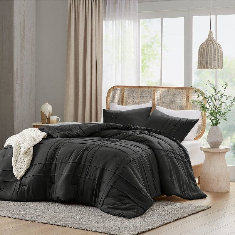 King Size Microfiber Pleated Soft Washed Comforter Set Black